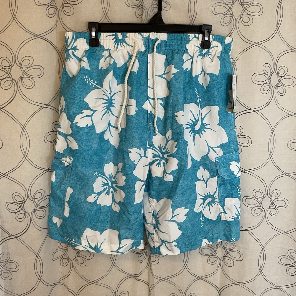 NWT Men's SURF AVENUE Swim Trunks /Board Shorts Pockets Floral Blue Size Large